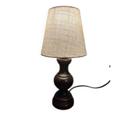 Elegant small lamp in carved solid wood – linen fabric lampshade