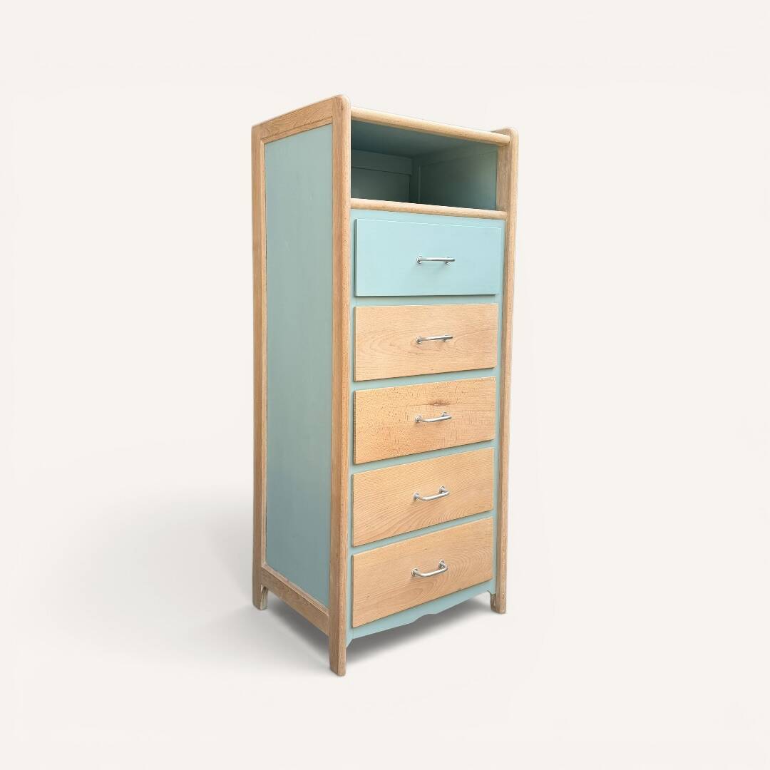 Vintage tall chest of drawers in raw wood and grey-blue from the 1950s.