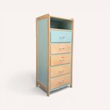 Vintage tall chest of drawers in raw wood and grey-blue from the 1950s.