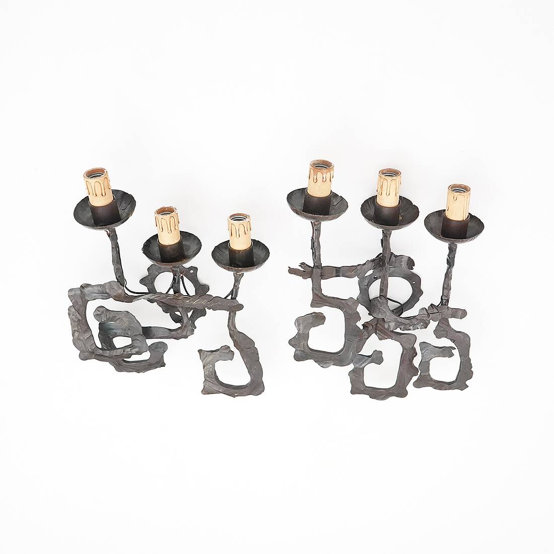 Pair of Brutalist wrought iron wall lamps, 1960s