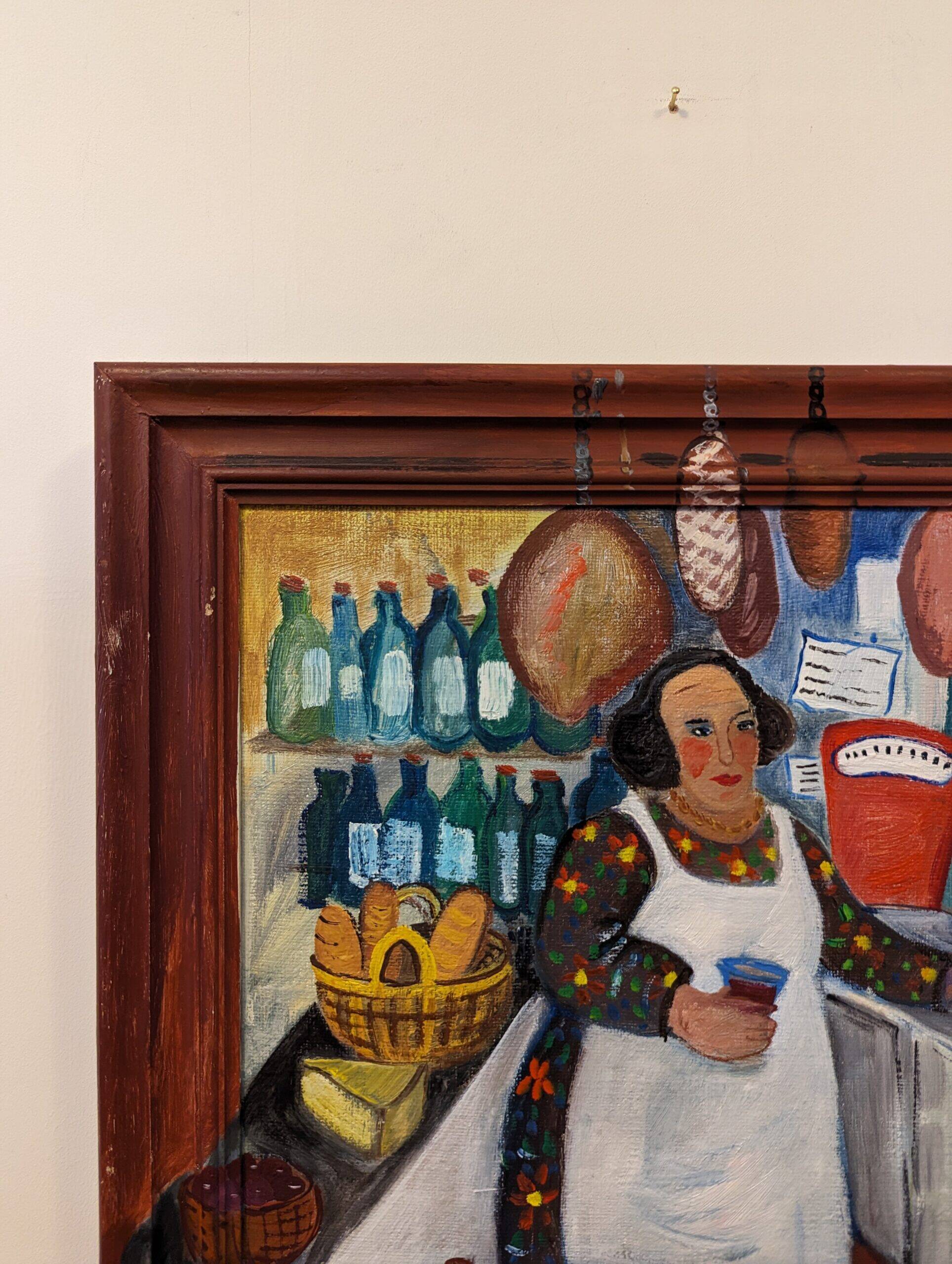 Mid-Century Modern Swedish "The Store" Vintage Figurative Oil Painting, Framed