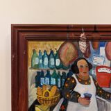 Mid-Century Modern Swedish "The Store" Vintage Figurative Oil Painting, Framed