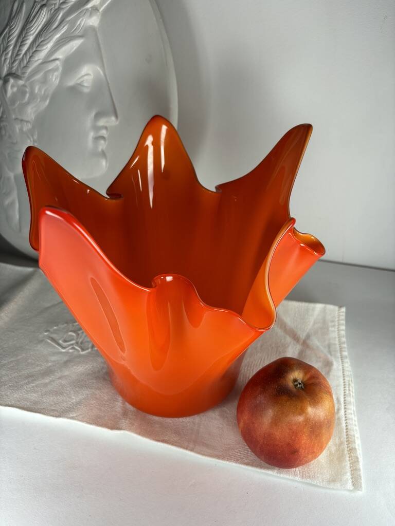 Murano orange handkerchief vase large 1970 Italy