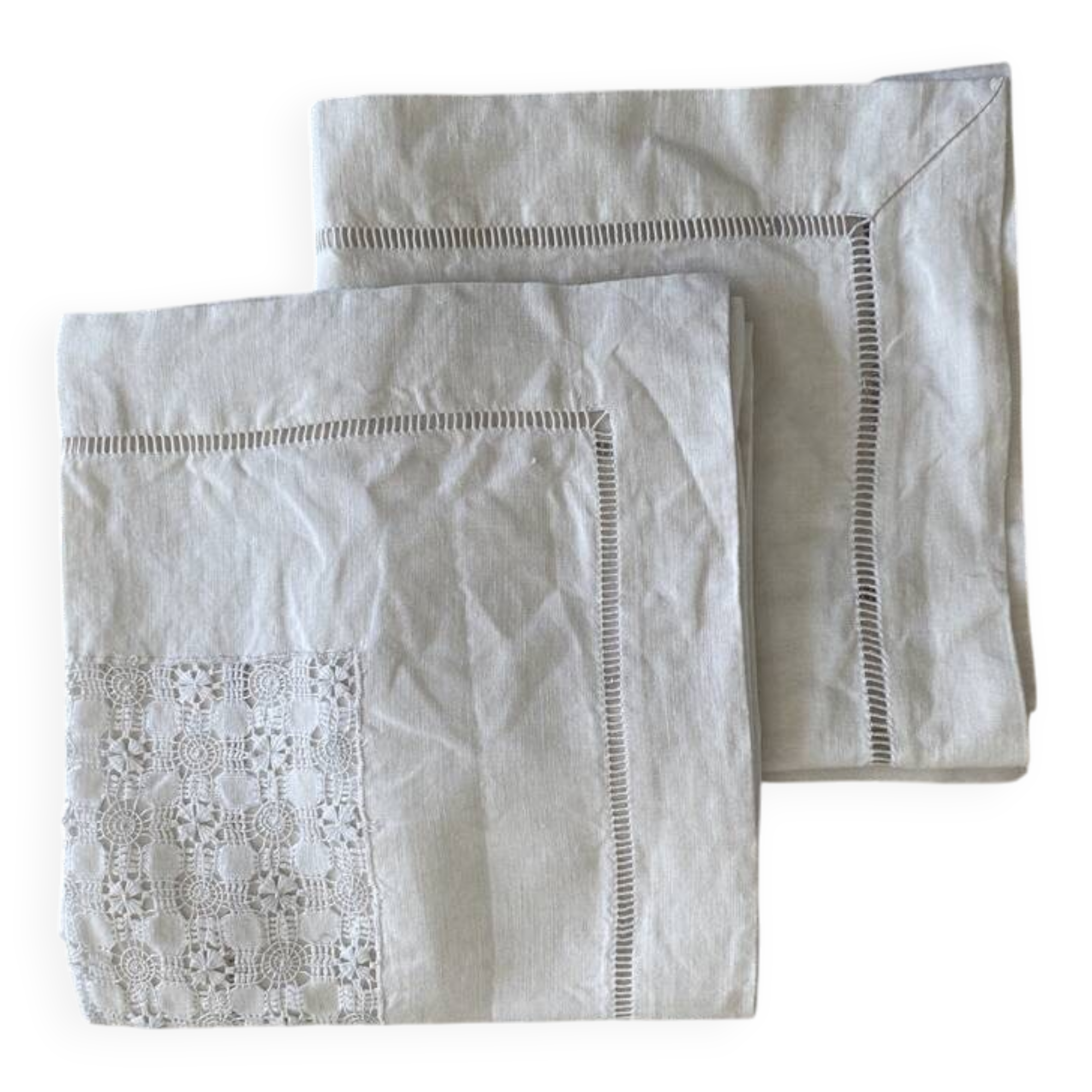 Set of 2 antique hand-embroidered tablecloths - 63x60 cm - Linen