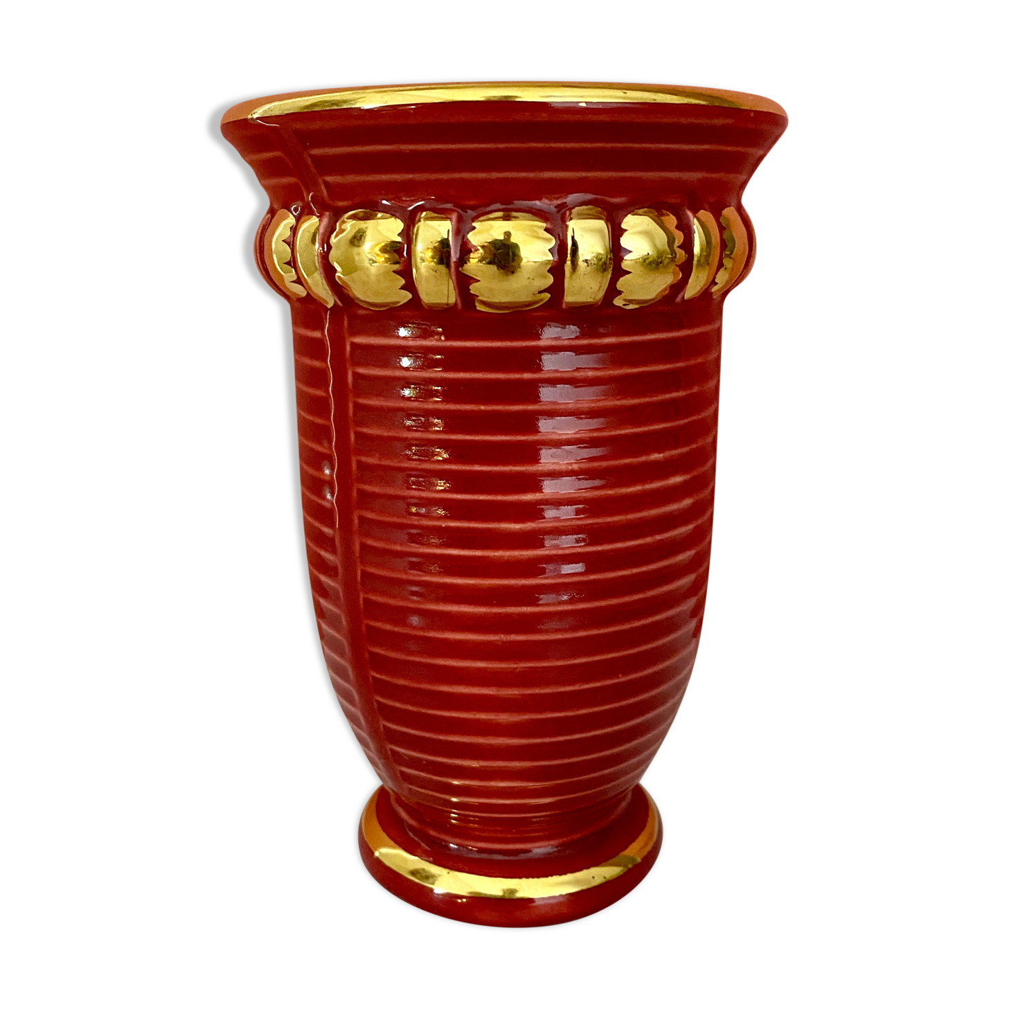 Vase vintage art déco en céramique rouge et dorée