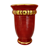 Vase vintage art déco en céramique rouge et dorée