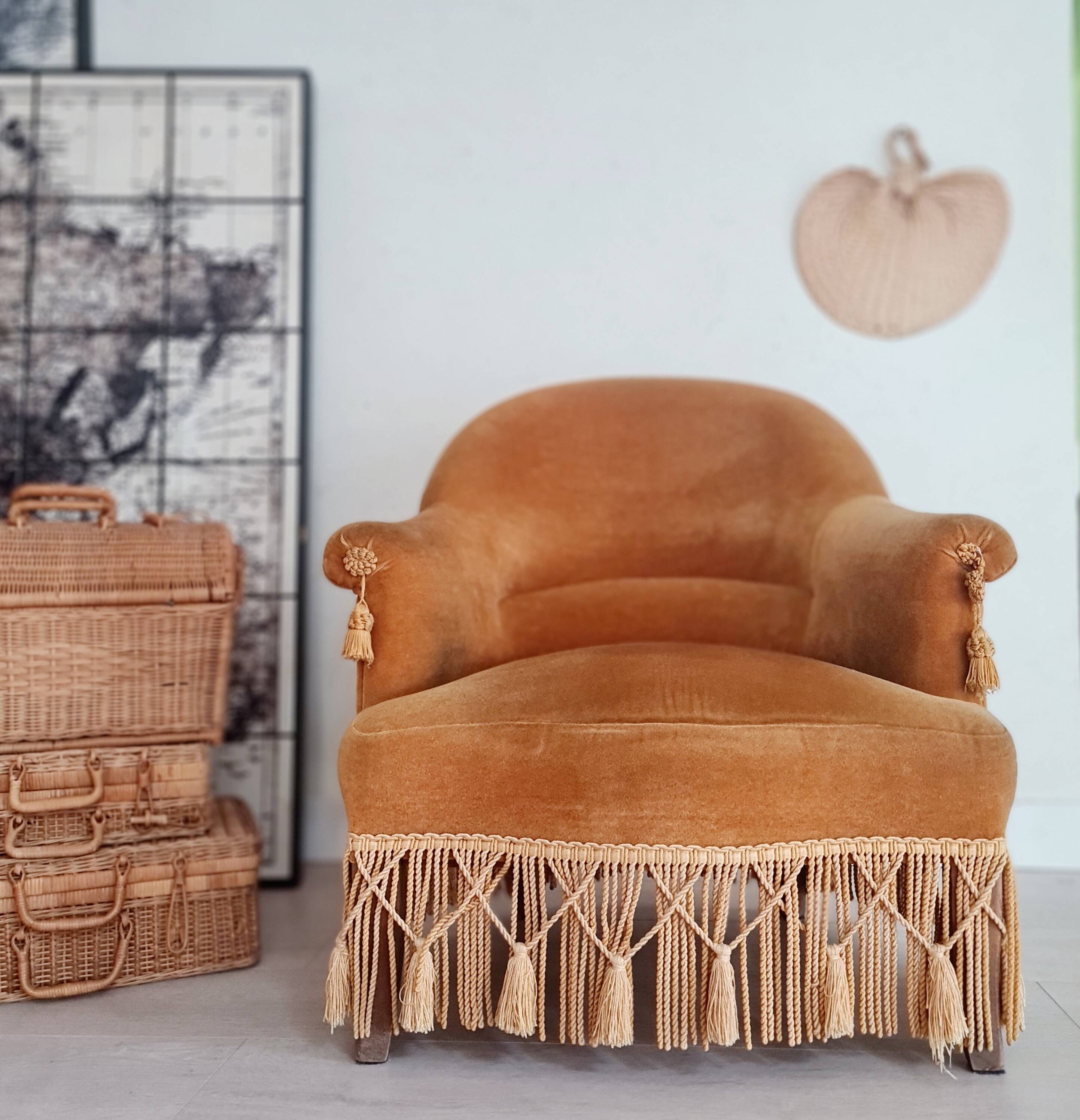 Golden yellow velvet toad armchair
