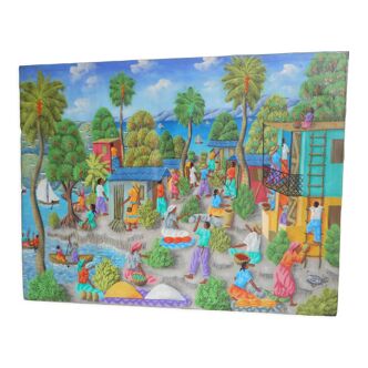 Painting Haiti vintage naif art signed Jb Gaston oil on canvas 99 x 77 cm