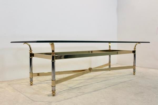 Table basse en laiton, chrome et verre, France 1970