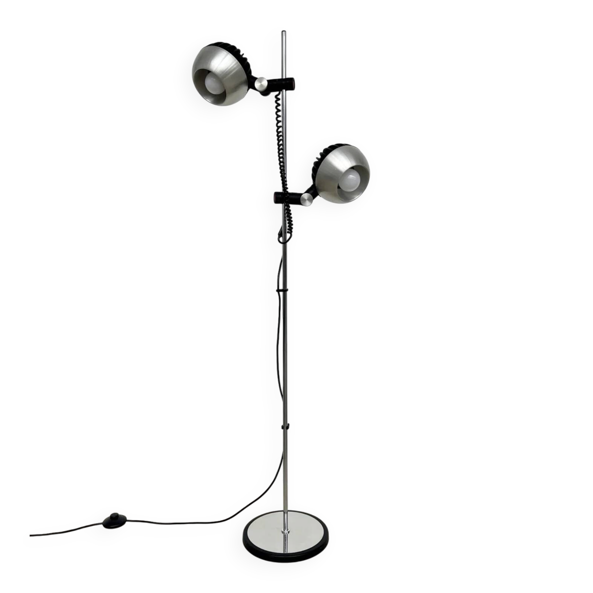 Two-spot floor lamp phase — brushed steel and matte black — 1970s