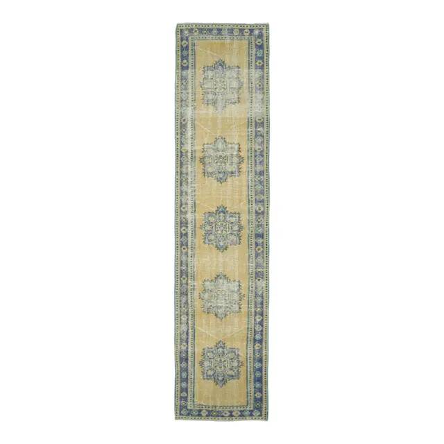 Vintage Turkish hand-knotted wool cotton yellow runner 78x340