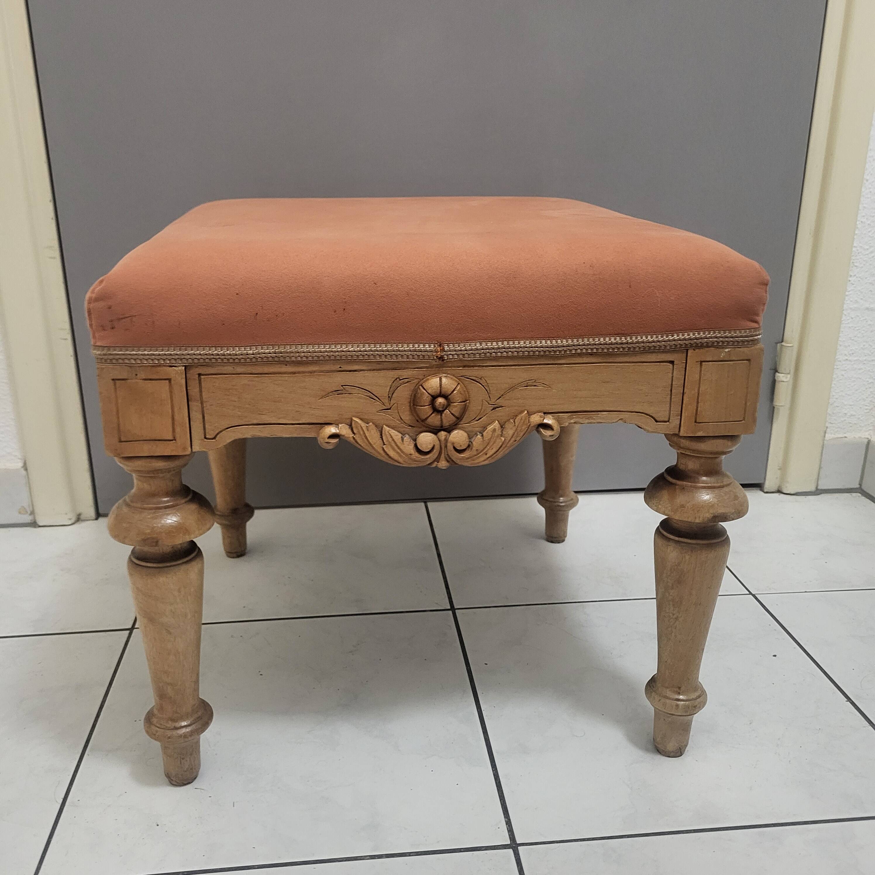 2 stools, poufs, footrests in Louis XVI style, made of wood and suede.
