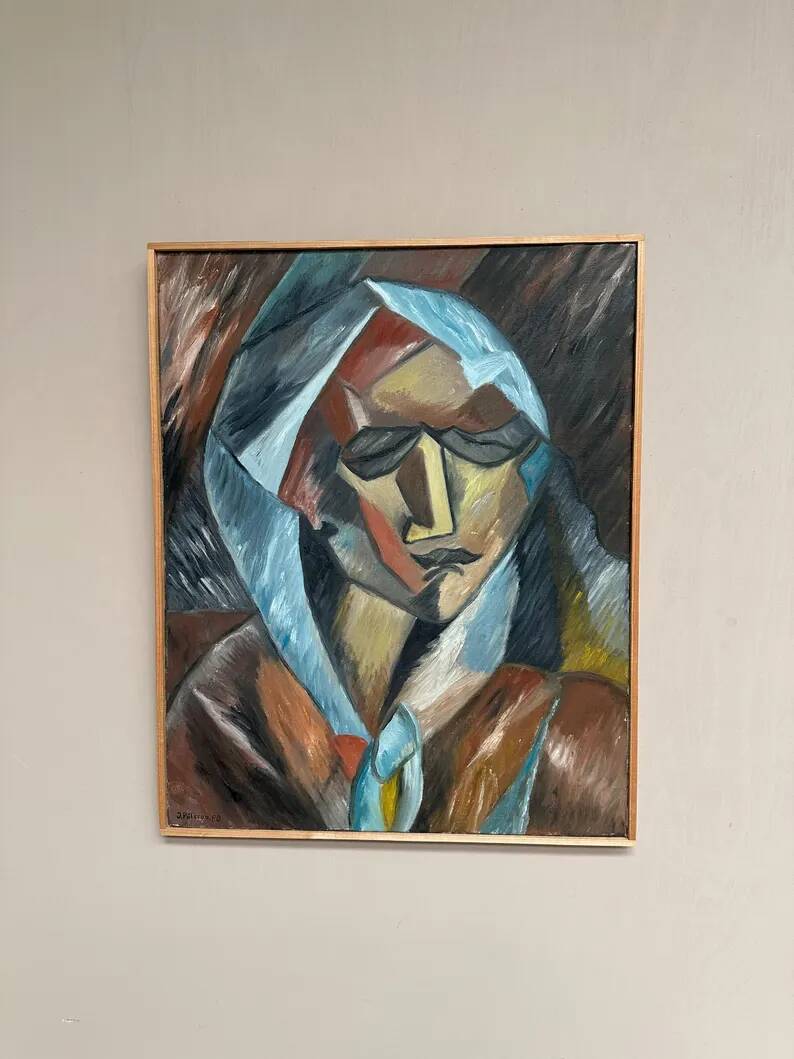 Original Swedish Oil on Canvas – “Cubist Woman Portrait” by Jan Pålsson – Signed – Dated 1980 – Vintage & Framed – 77 × 62 cm