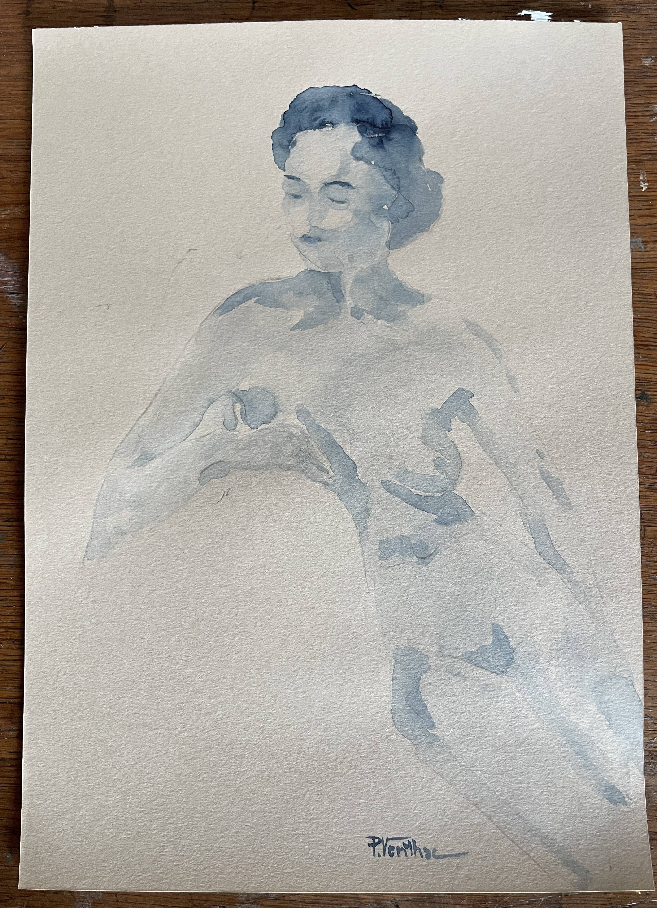 Painting signed monochrome blue black watercolor “seated woman”