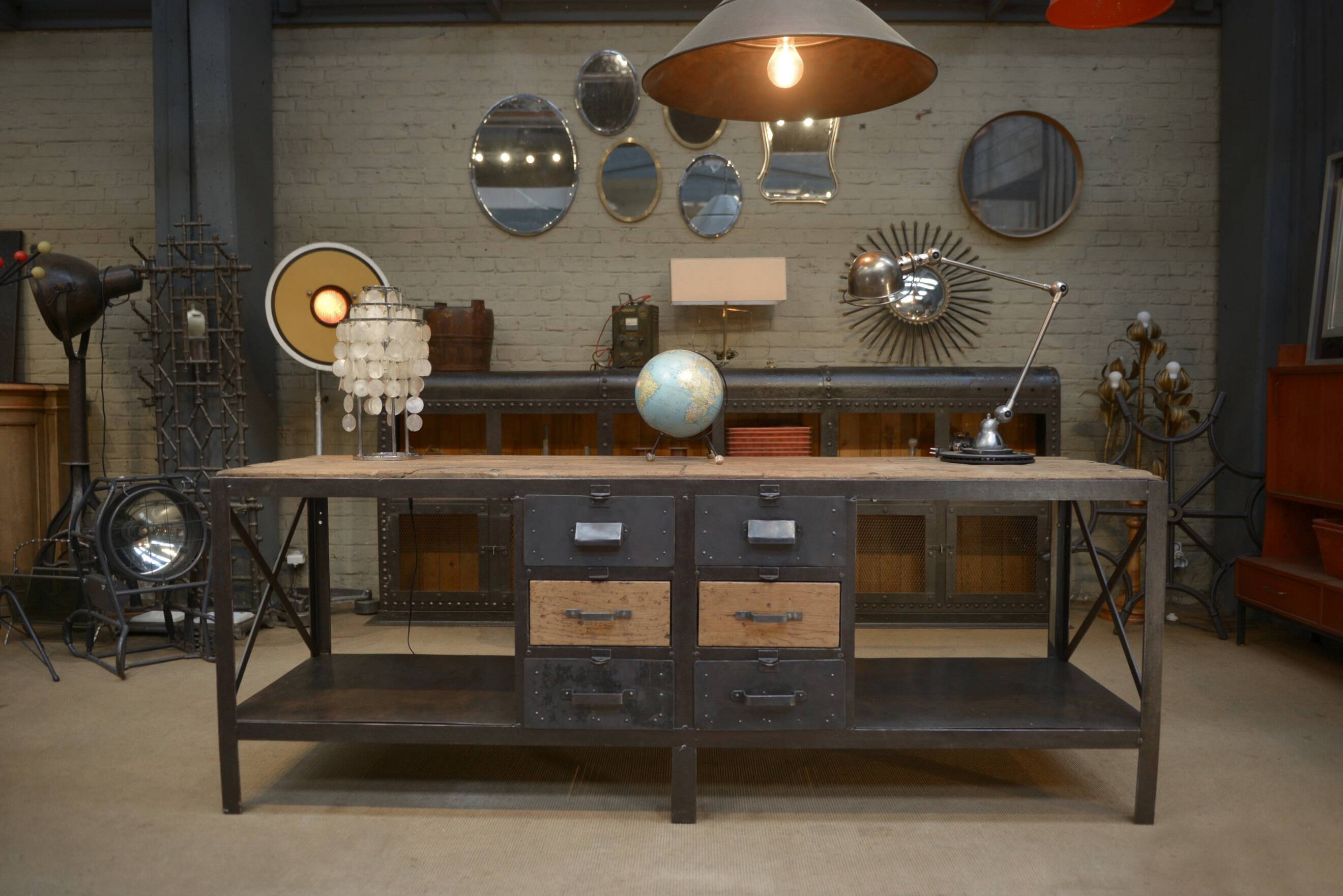 Industrial sideboard from metal and wood factory 1950