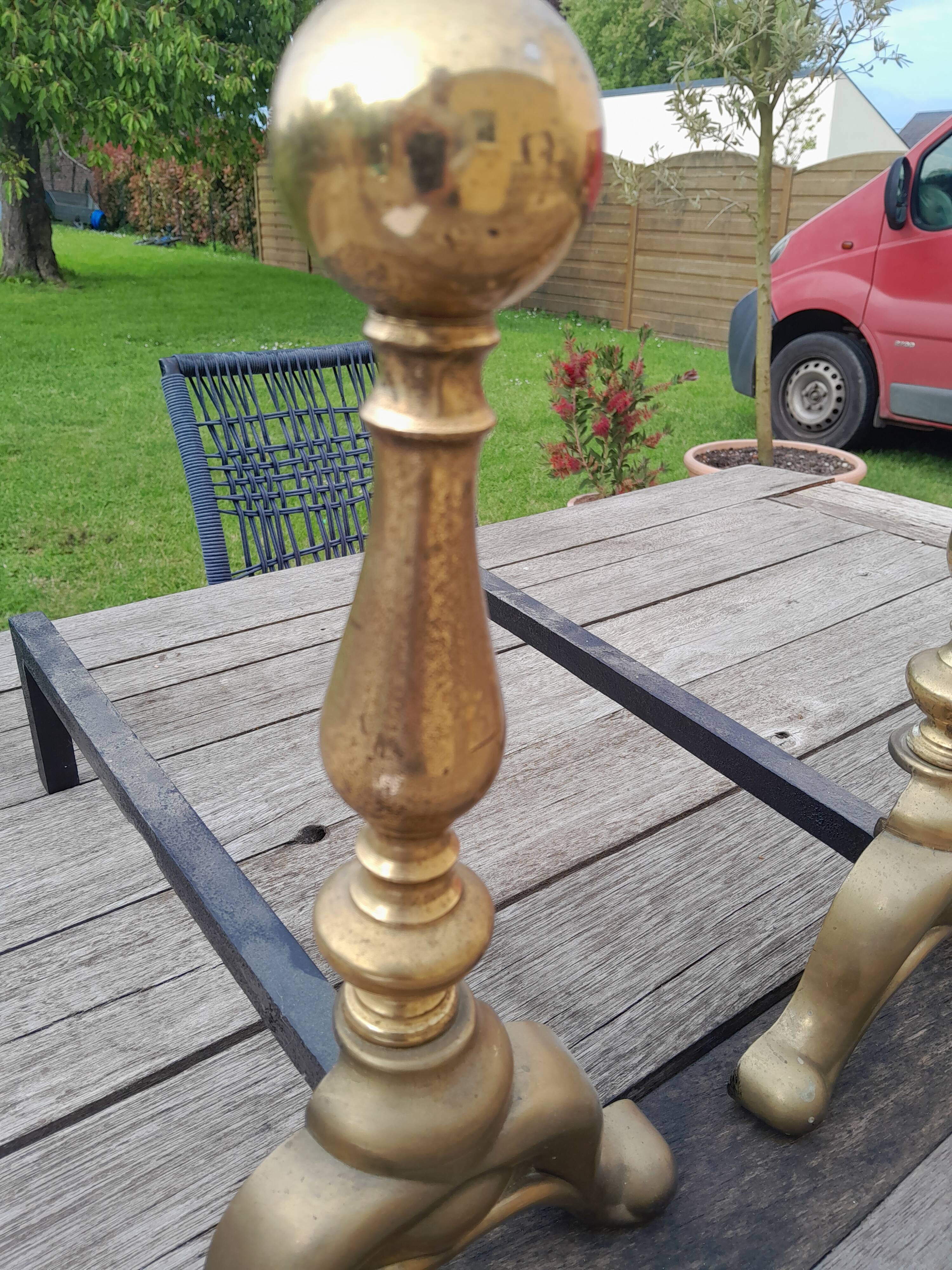 Pair of old brass chenets