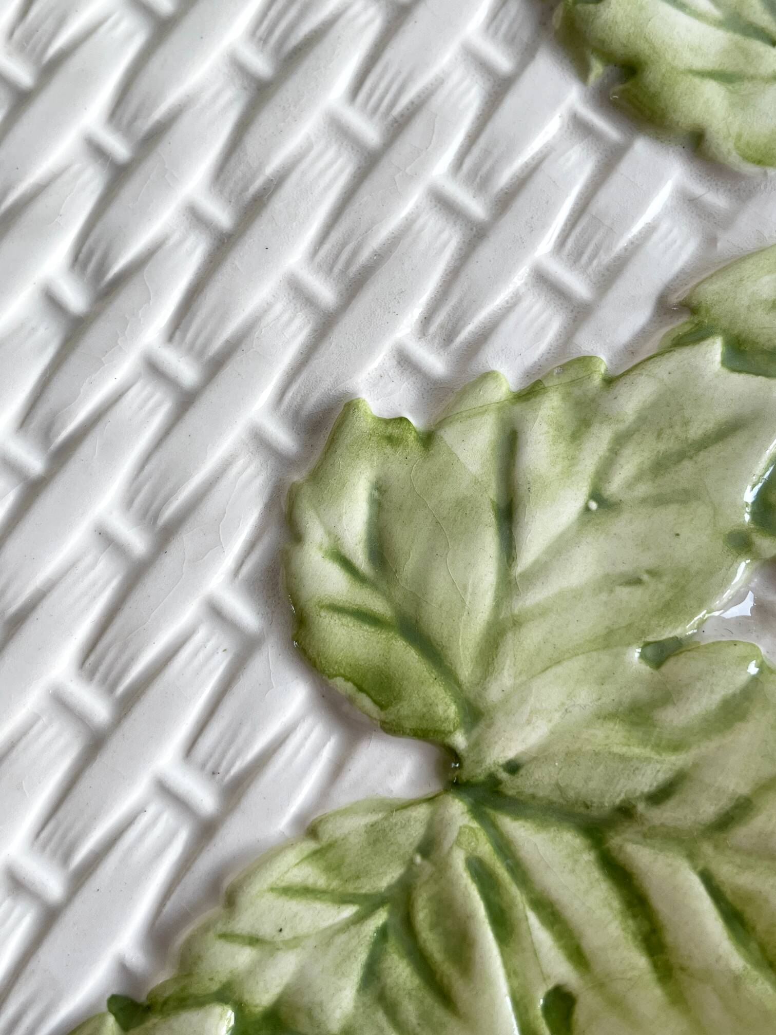 French Barbotine Majolica Serving Platter with Vine Leaf and Basket Weave Motif