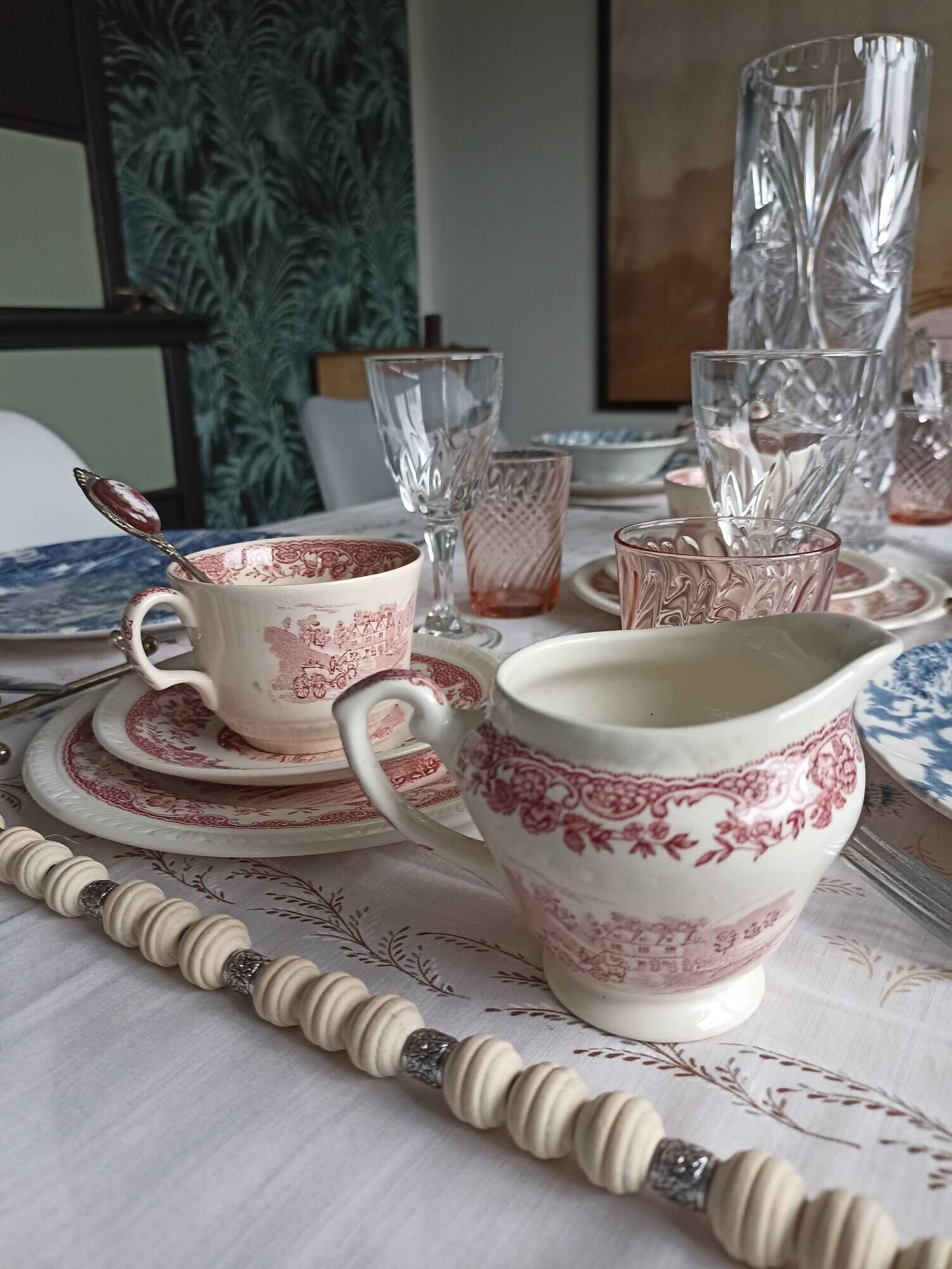 Staffordshire cups, saucers, plates and milk jar