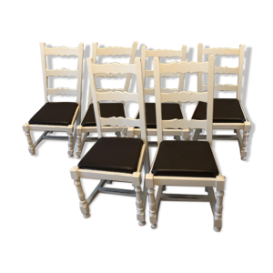 Lot de 6 chaises massives assisses en Skaï marron