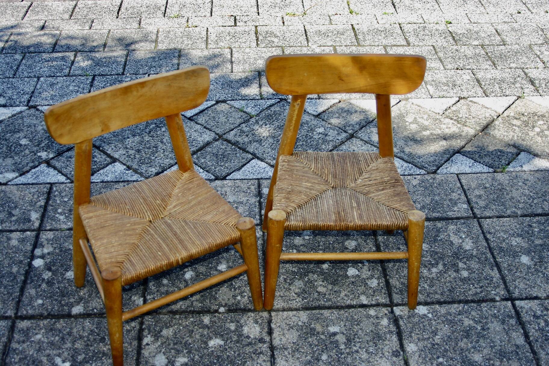 pair of vintage straw children's chairs 1950