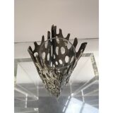 Vase sculpture "Brutalist" in metal with glass vase inside Italy 1970