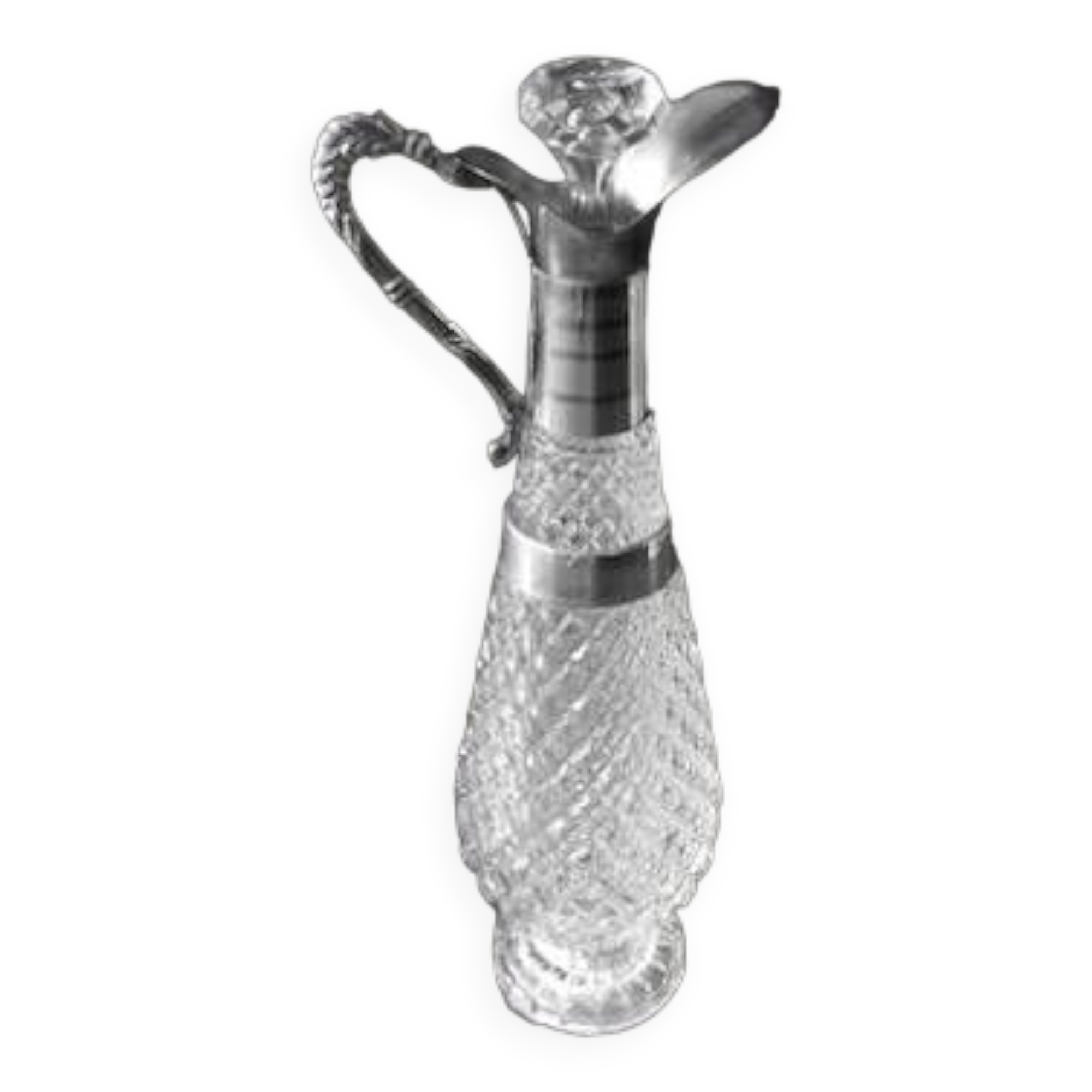 Diamond-point molded glass ewer, silver-plated metal.