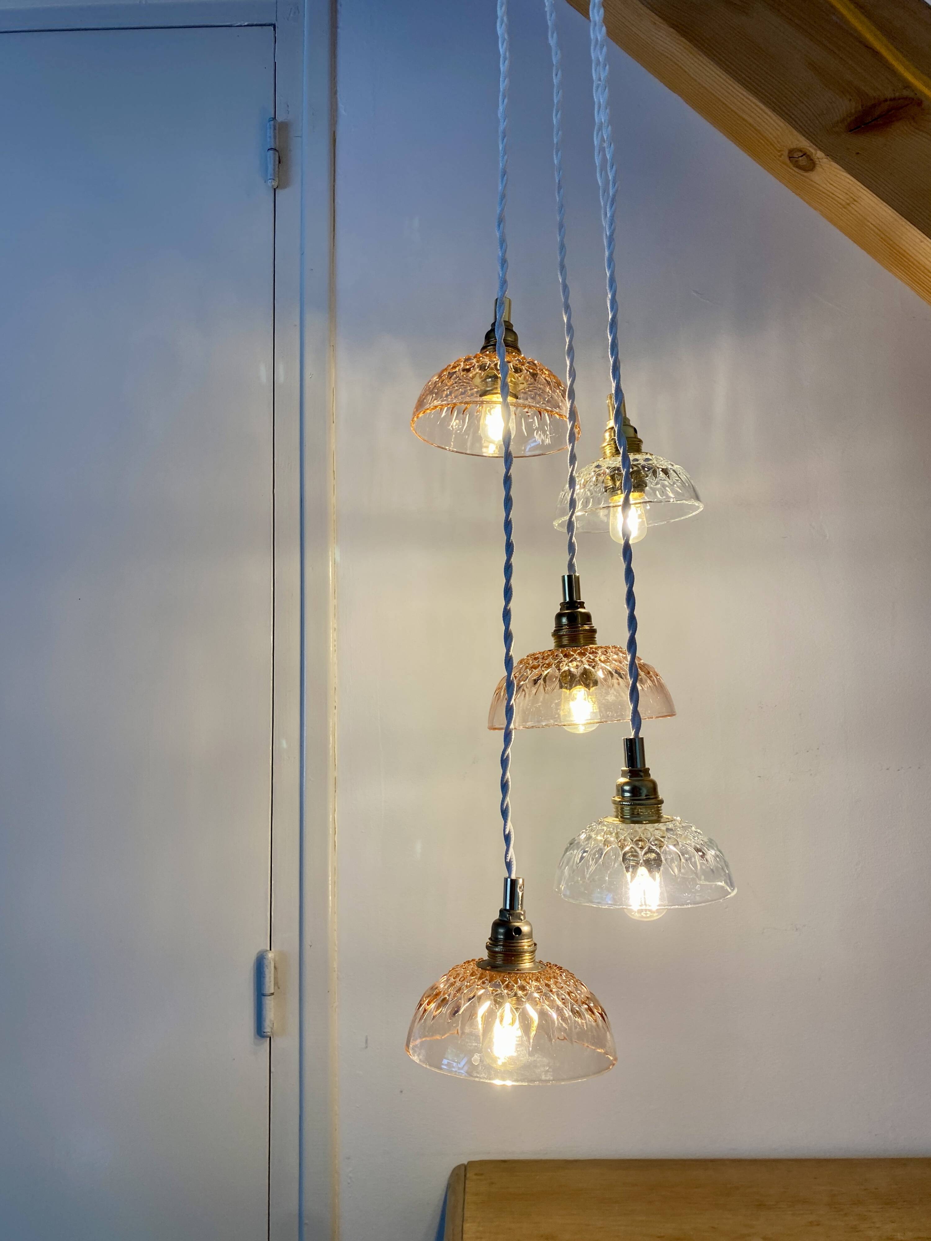 5-light waterfall pendant light with vintage pink and transparent glass shades