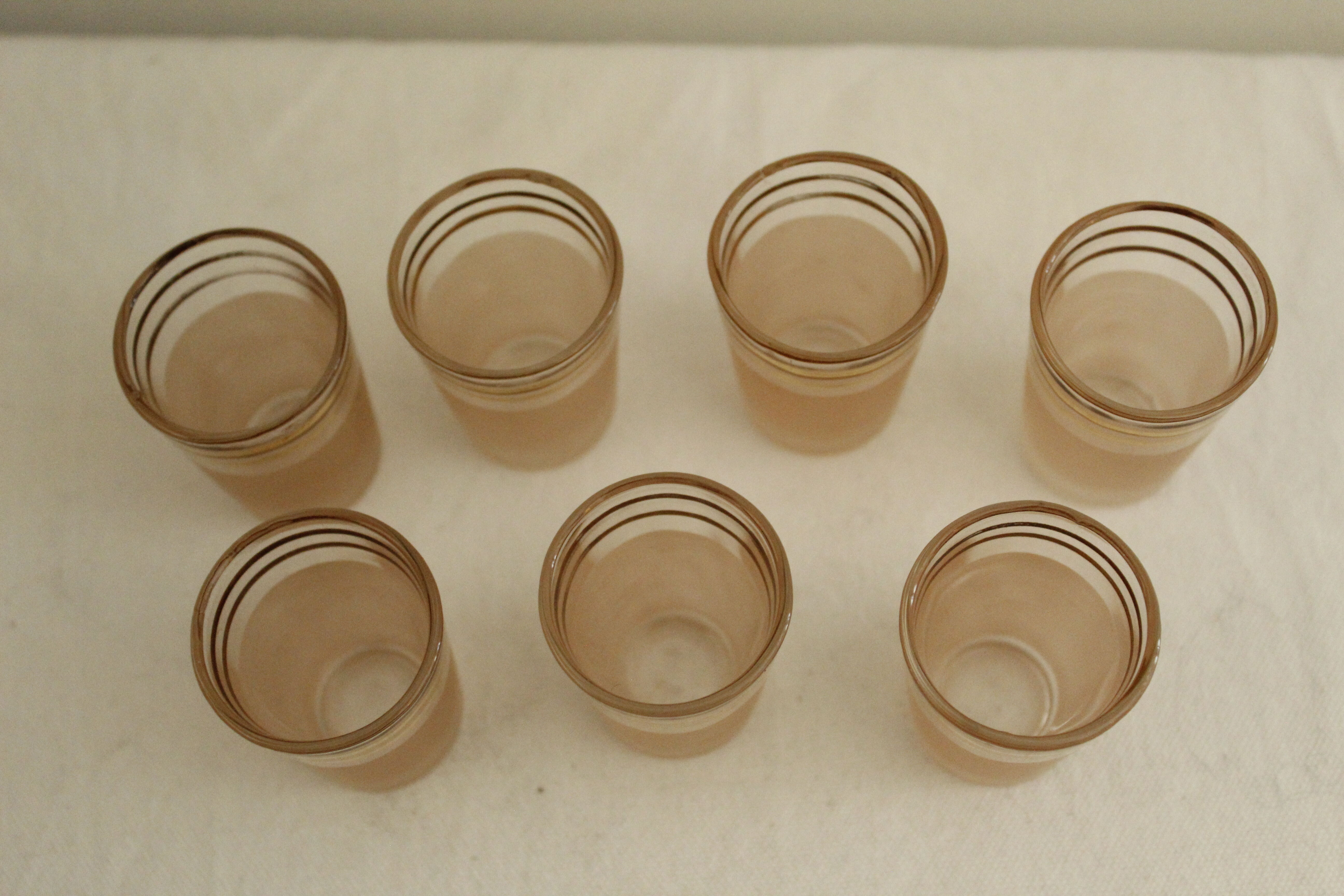 7 pink and gold vintage glass liquor glasses