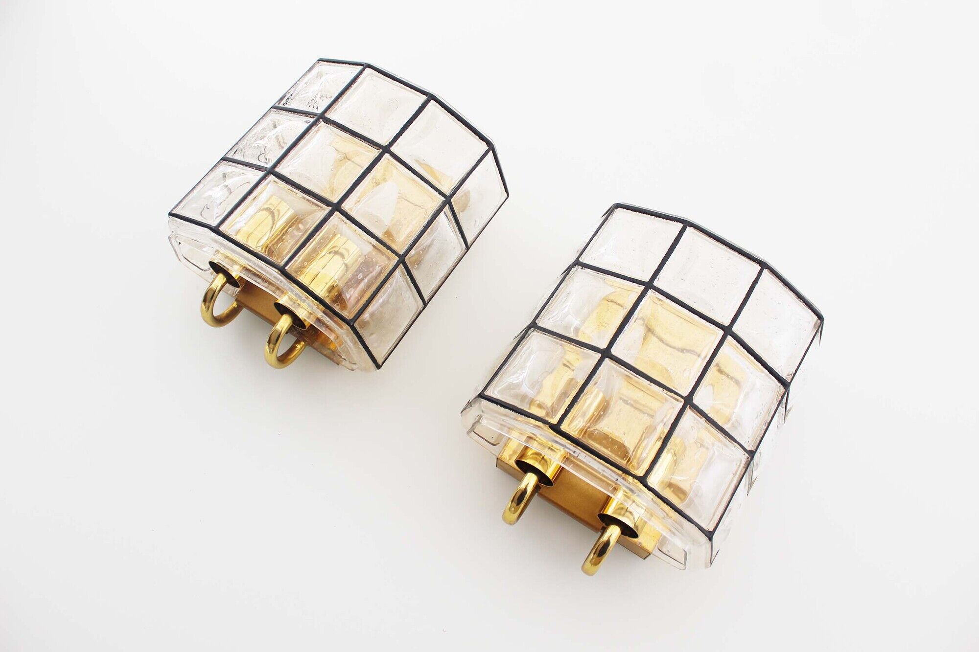 Pair of brass and glass facetted sconces by Glashutte Limburg