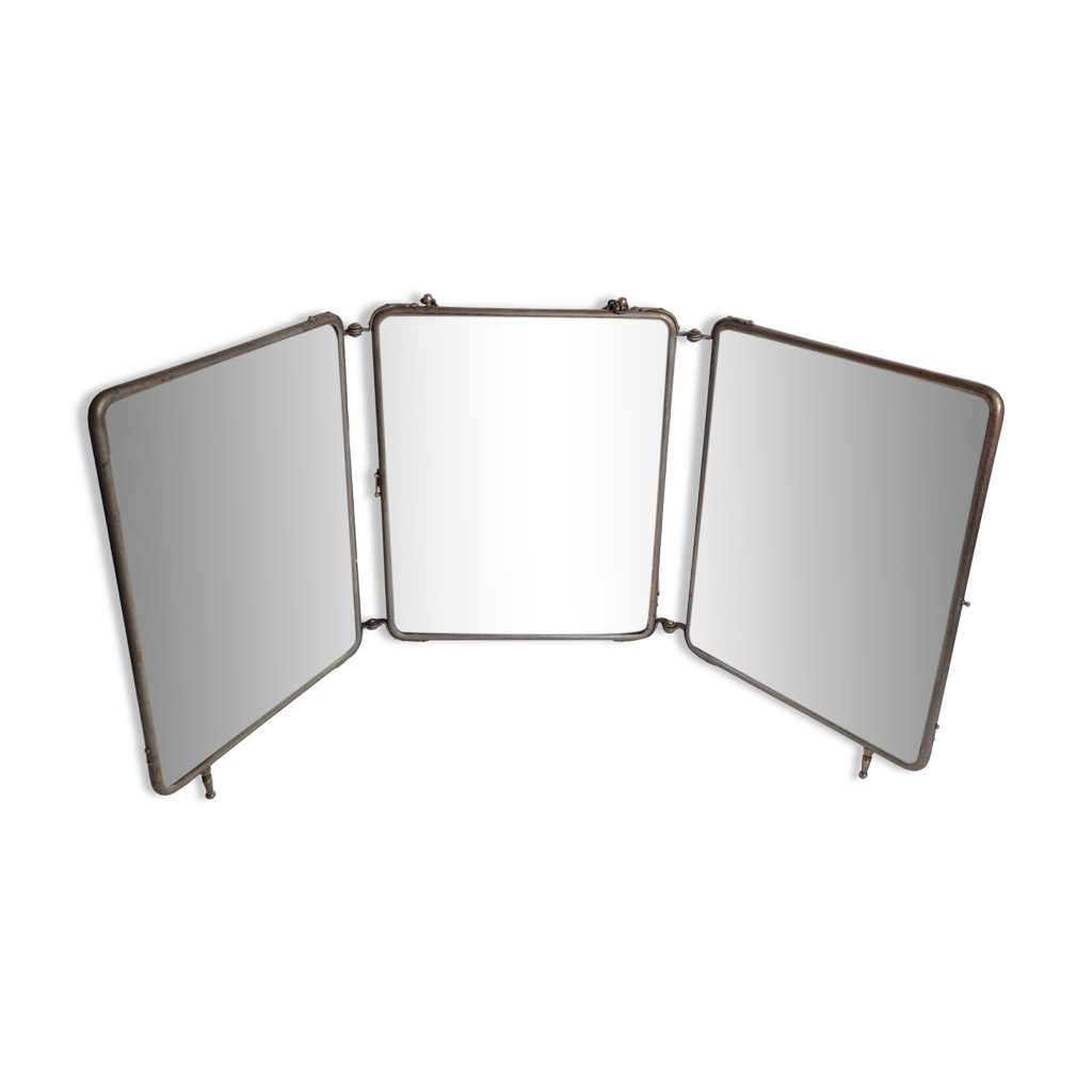 Ancien Miroir De Barbier Triptyque - Années 1920-30 - Cadre Argenté Biseauté