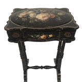 Small table with Napoleon III work, wood and boiled cardboard decorated with flowers painted with flowers