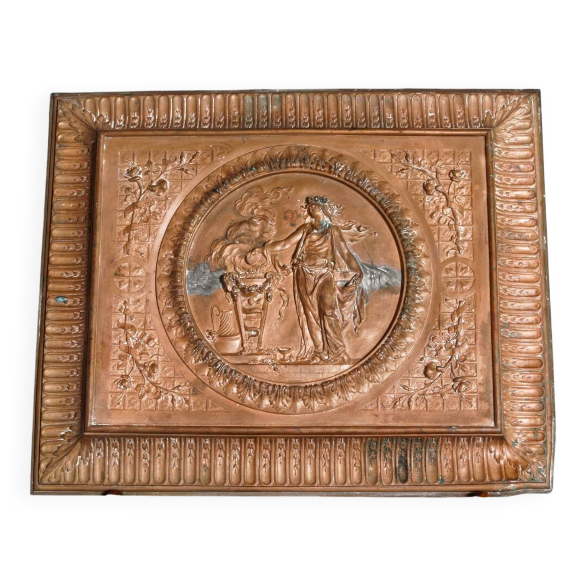 Repoussé copper plaque, early 19th century, in Neoclassical style.