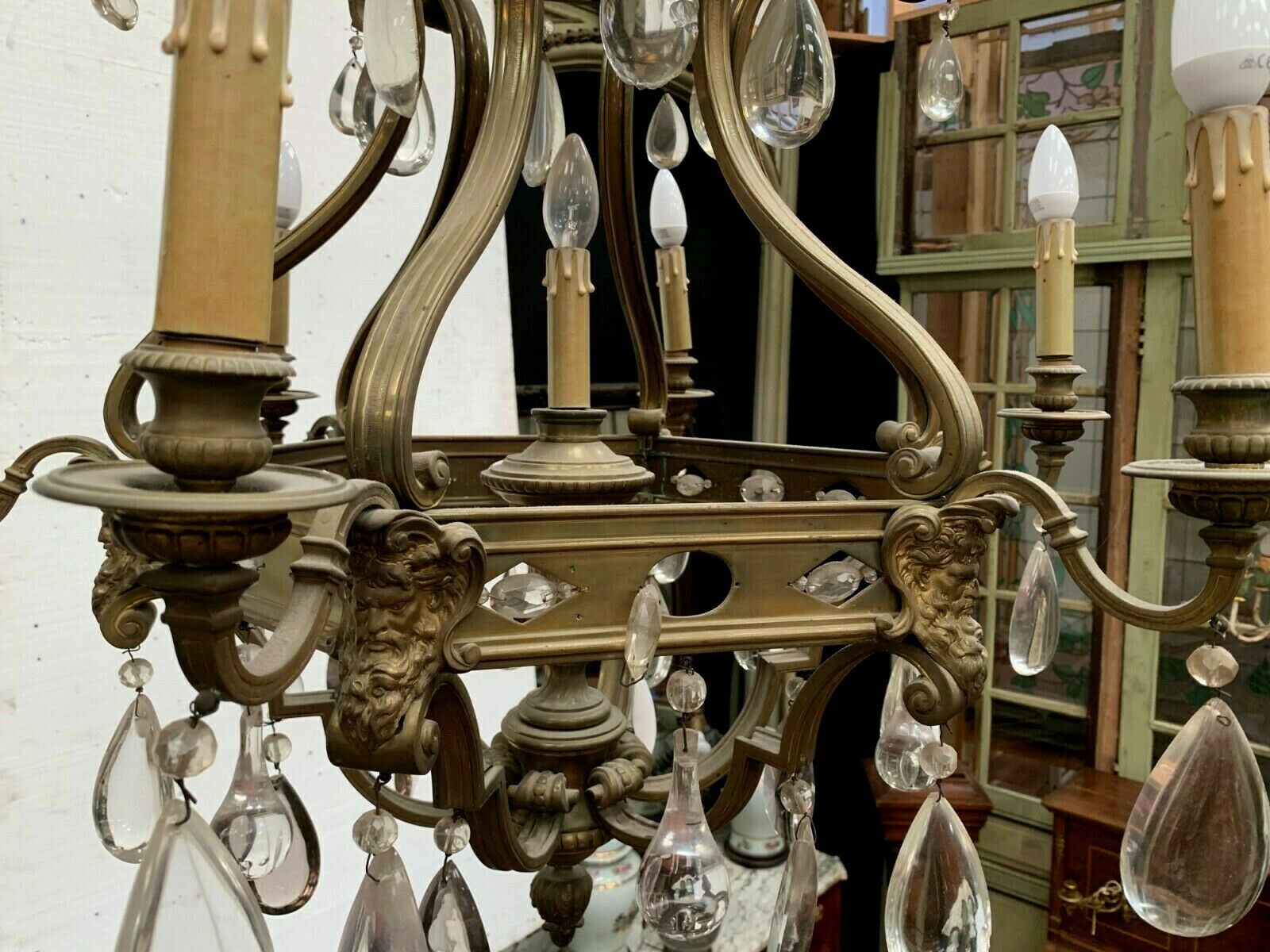 Lustre cage bronze renaissance style and colorful glass pendeloques XIX