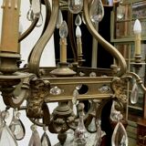 Lustre cage bronze renaissance style and colorful glass pendeloques XIX