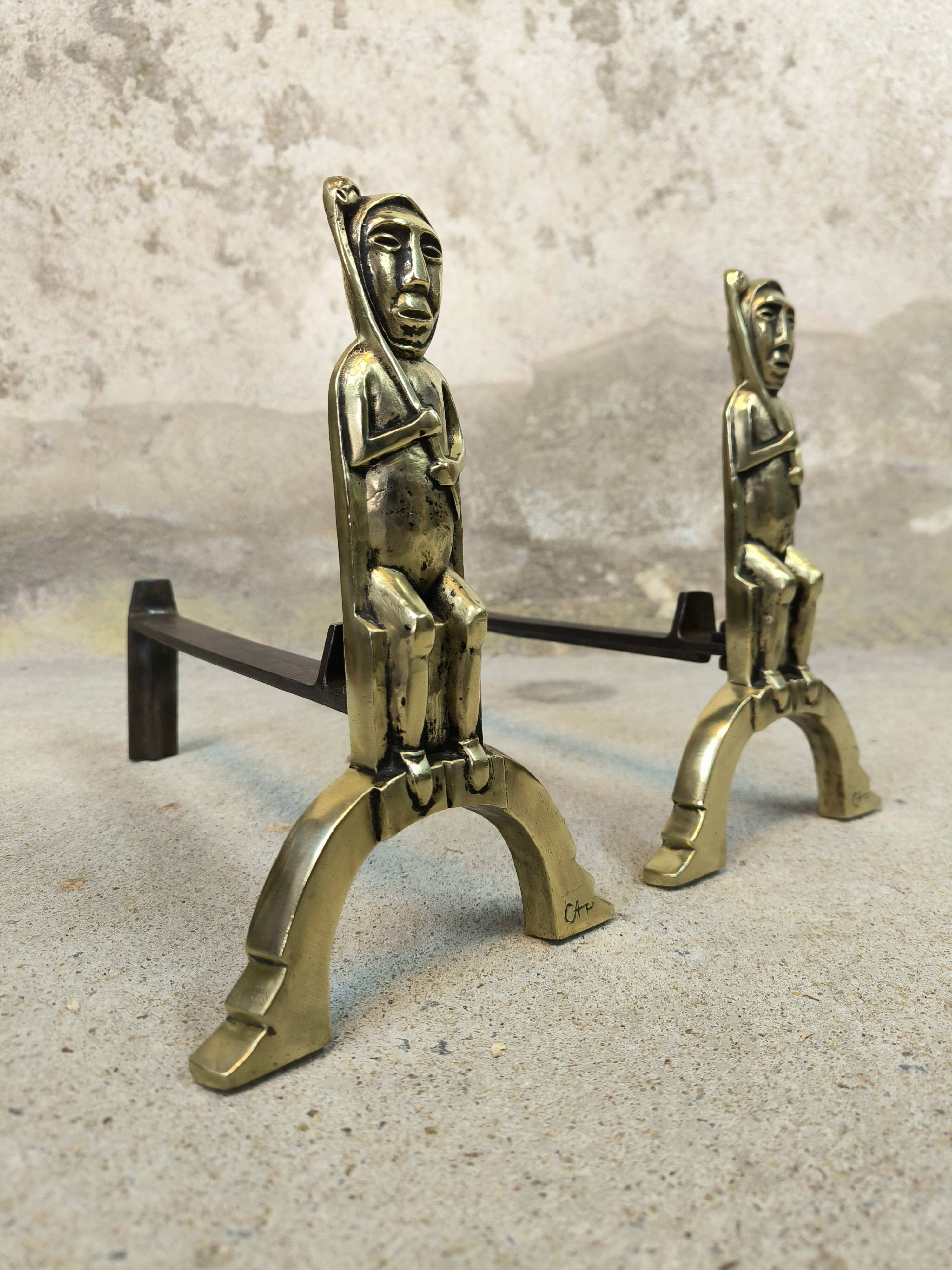 Pair of bronze "Shamans" andirons by Anton Prinner