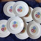 8 old flat plates decorated with flowers, Agnès model by K&G Lunéville