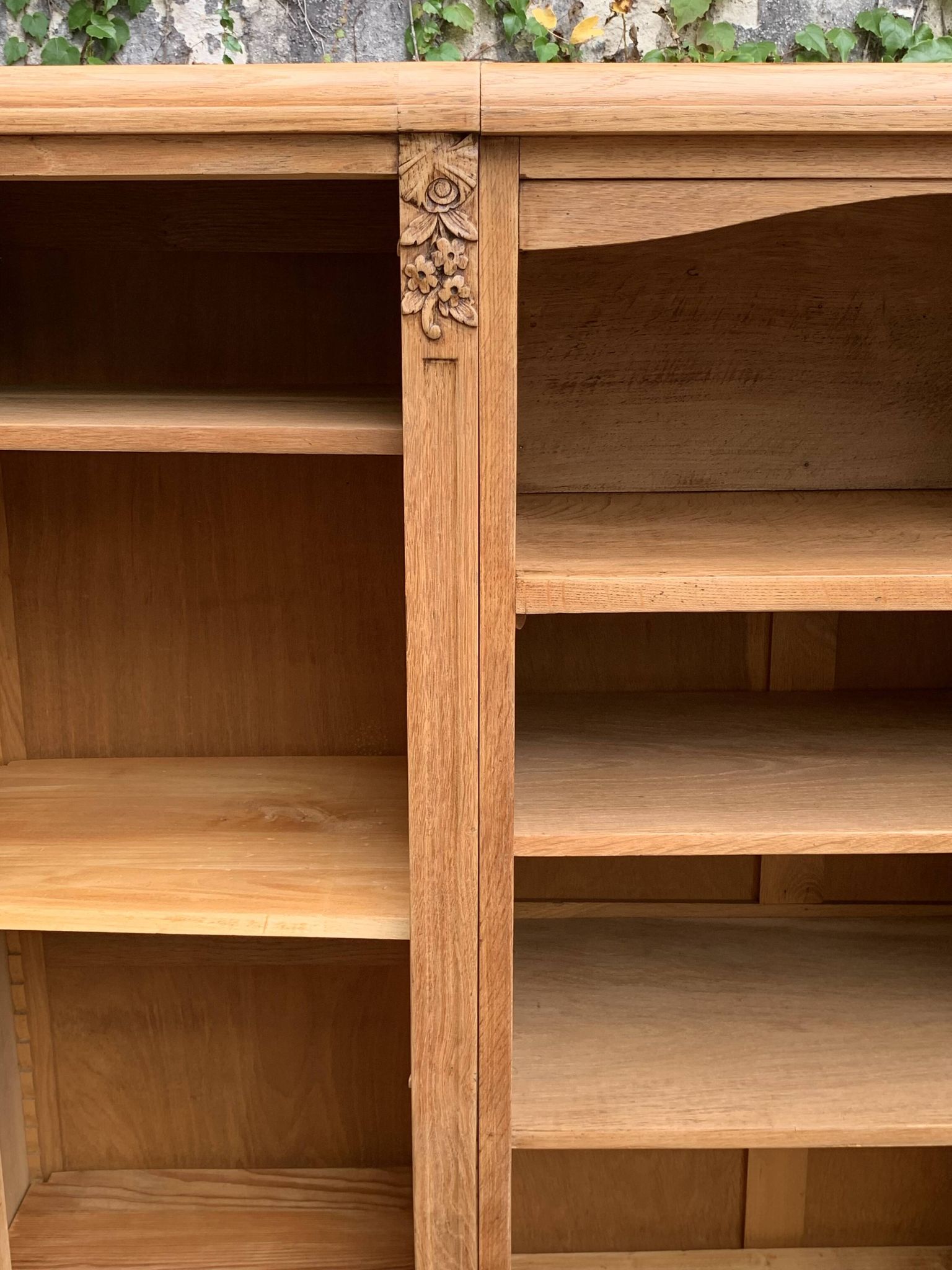 Asymmetrical Art Deco glass-fronted Parisian wardrobe in raw oak, 1930.