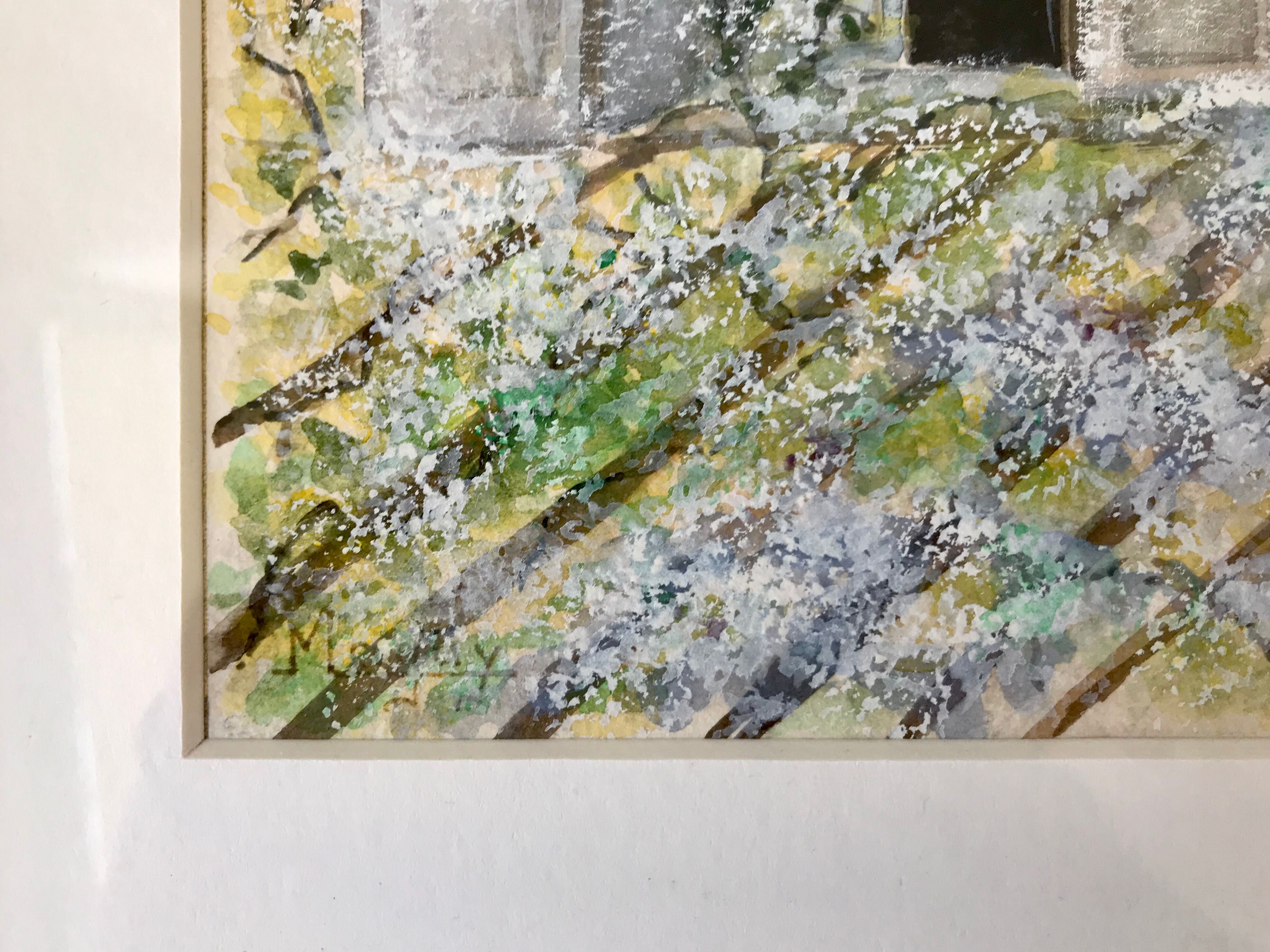 Watercolor "Les Fenestrons" signed and framed vintage