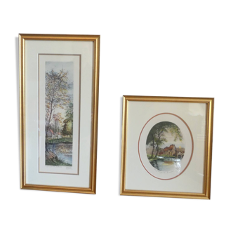 Pair of Hand Painted Engravings / 20th France / Mill River Landscape