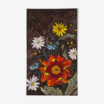 Nature morte aux fleurs vintage peinte à la main glaçure sur céramique par Ruschka années 60