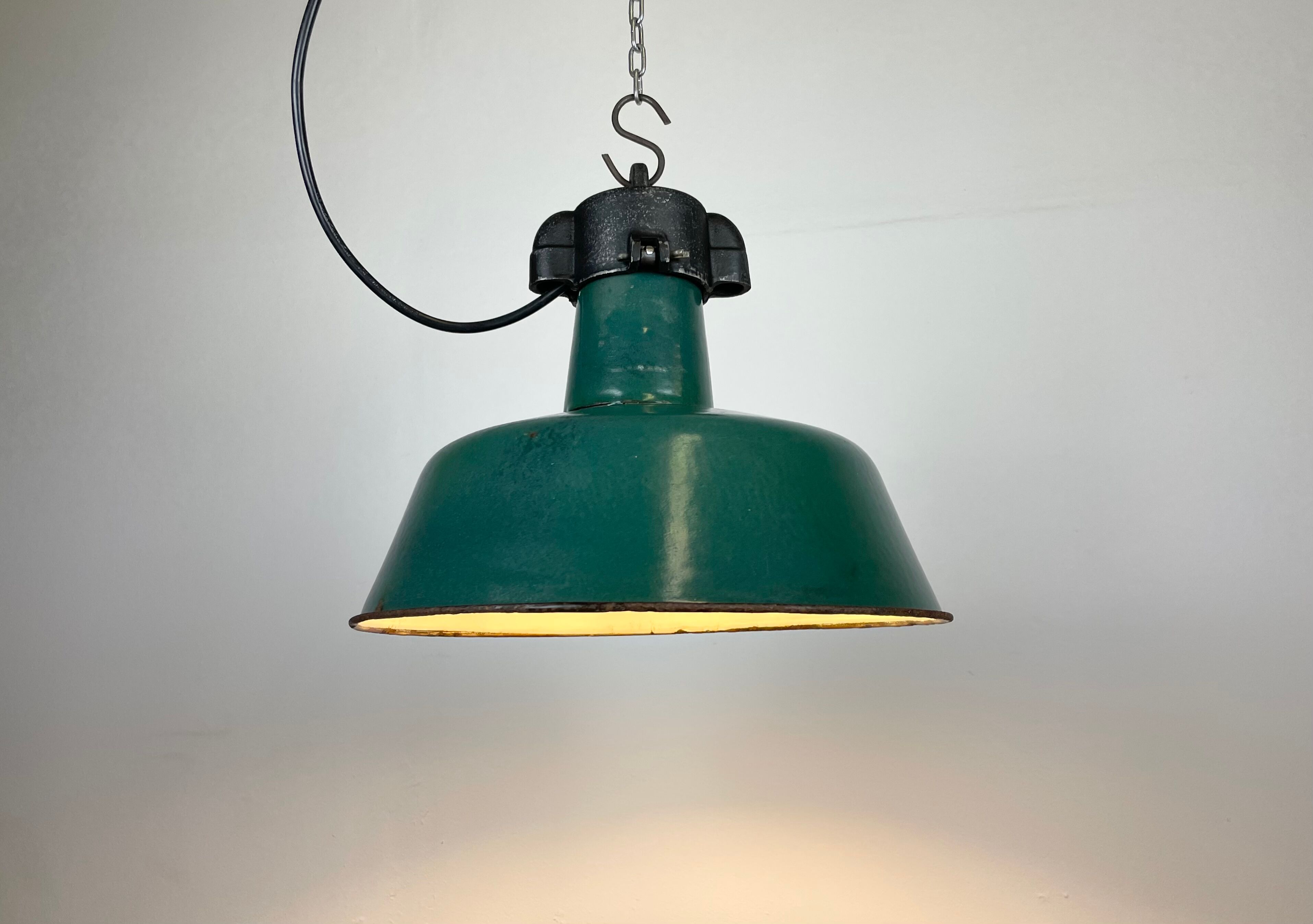 Industrial Green Enamel Factory Lamp with Cast Iron Top, 1960s