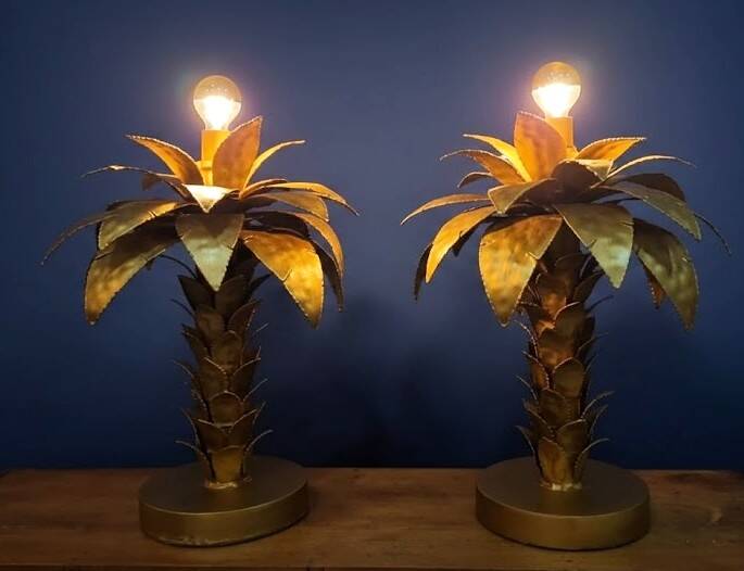 Hollywood Regency Palm Tree Lamp Trio – Hammered Gold Metal