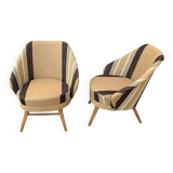 Pair of Mid-Century brown armchairs in beech and upholstery fabric, 1950s.