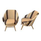 Paire de fauteuils Mid-Century marron en hêtre et tissu d'ameublement, années 1950