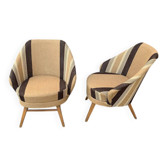 Pair of Mid-Century brown armchairs in beech and upholstery fabric, 1950s.