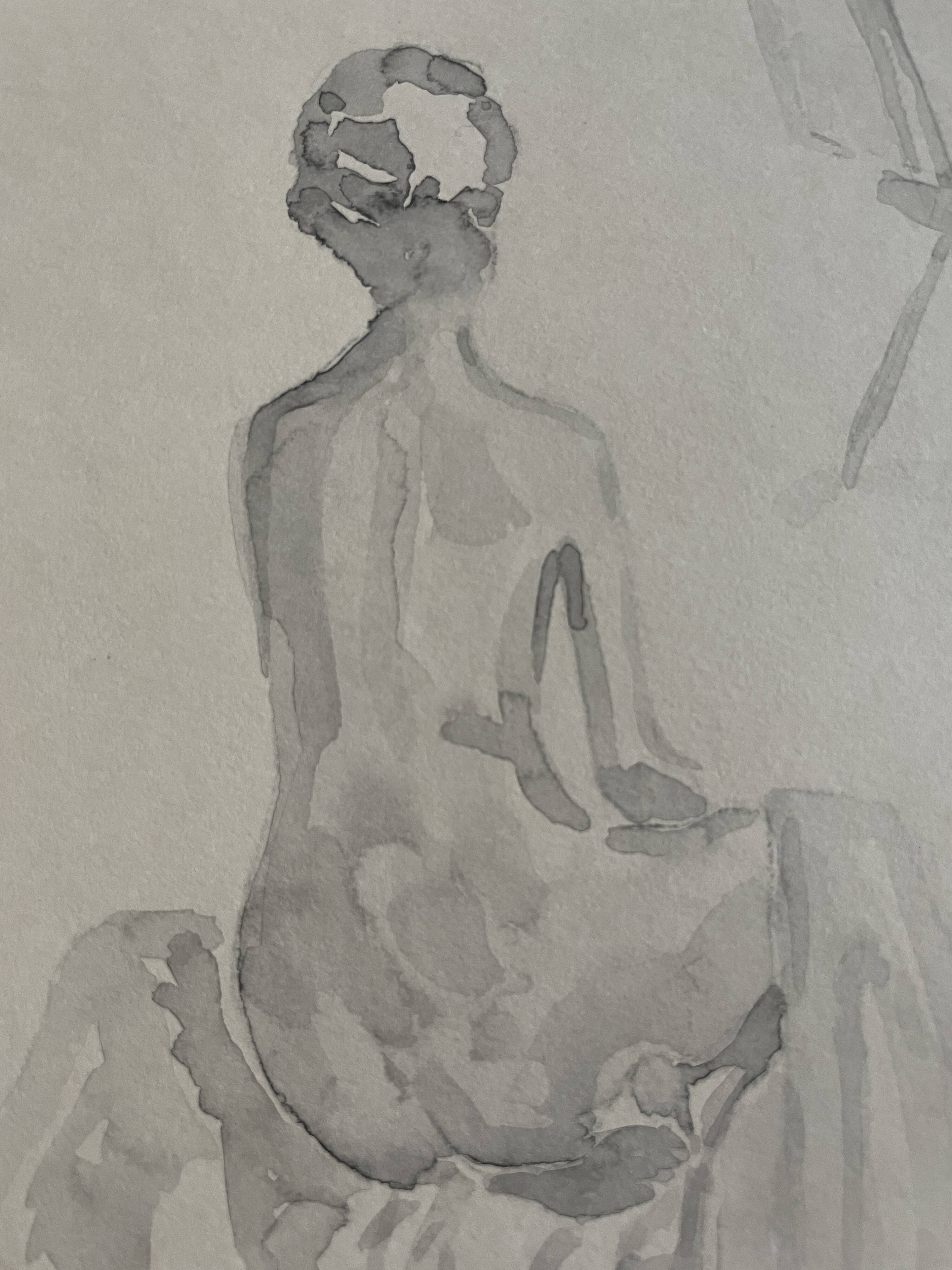 Painting signed monochrome sepia watercolor “female model in the workshop”