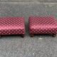 2 low footstools in burgundy fabric and solid wood
