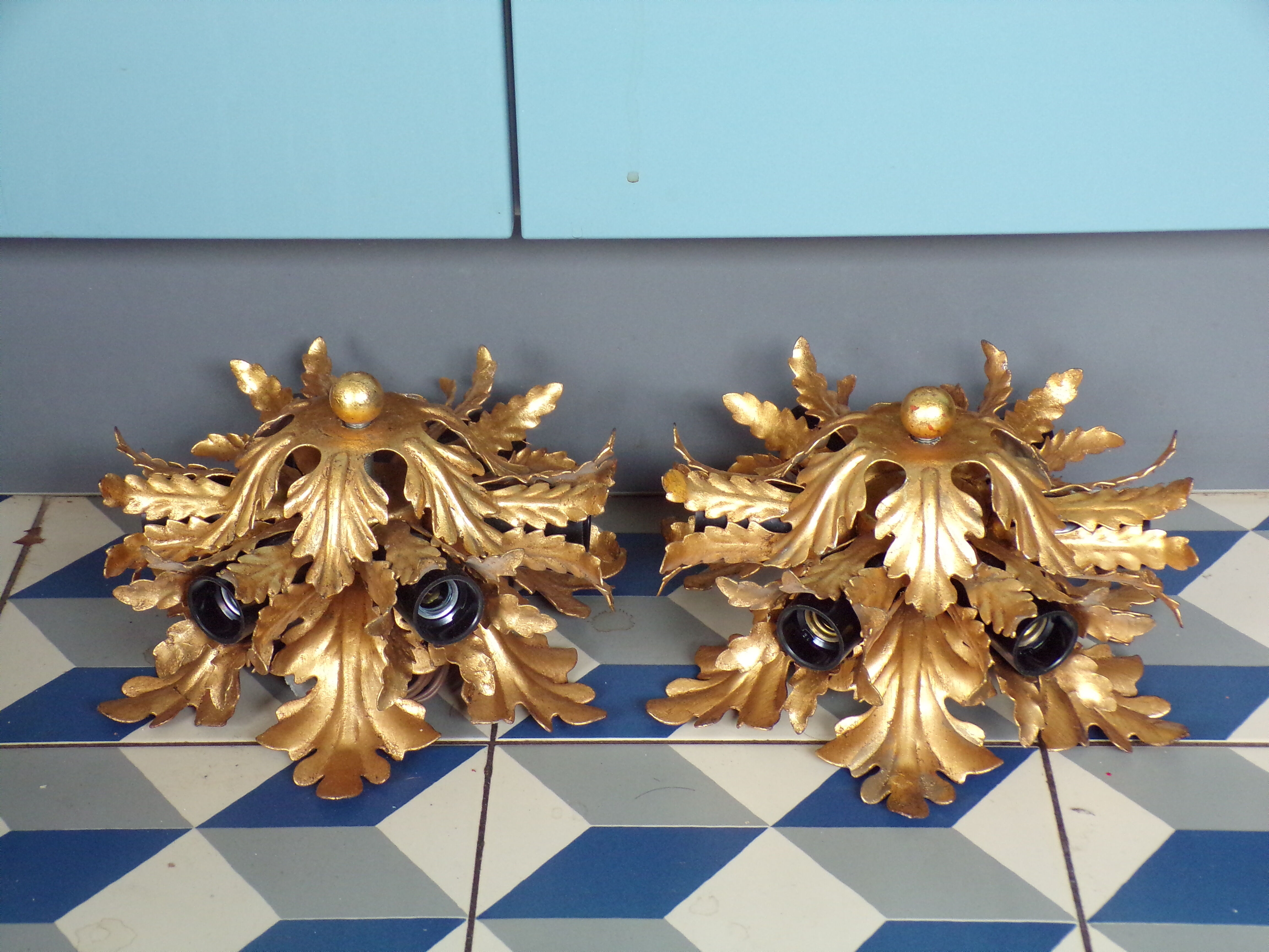 Pair of gold iron leaf ceiling lights