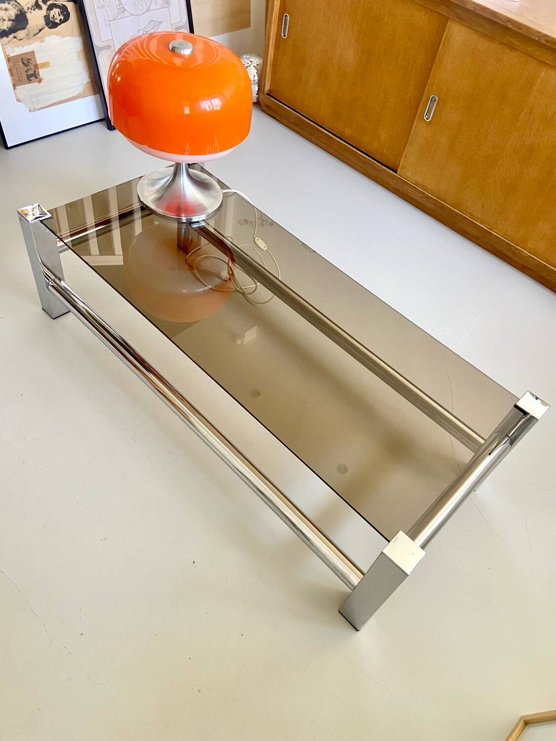 Vintage chrome metal table / smoked glass 1970