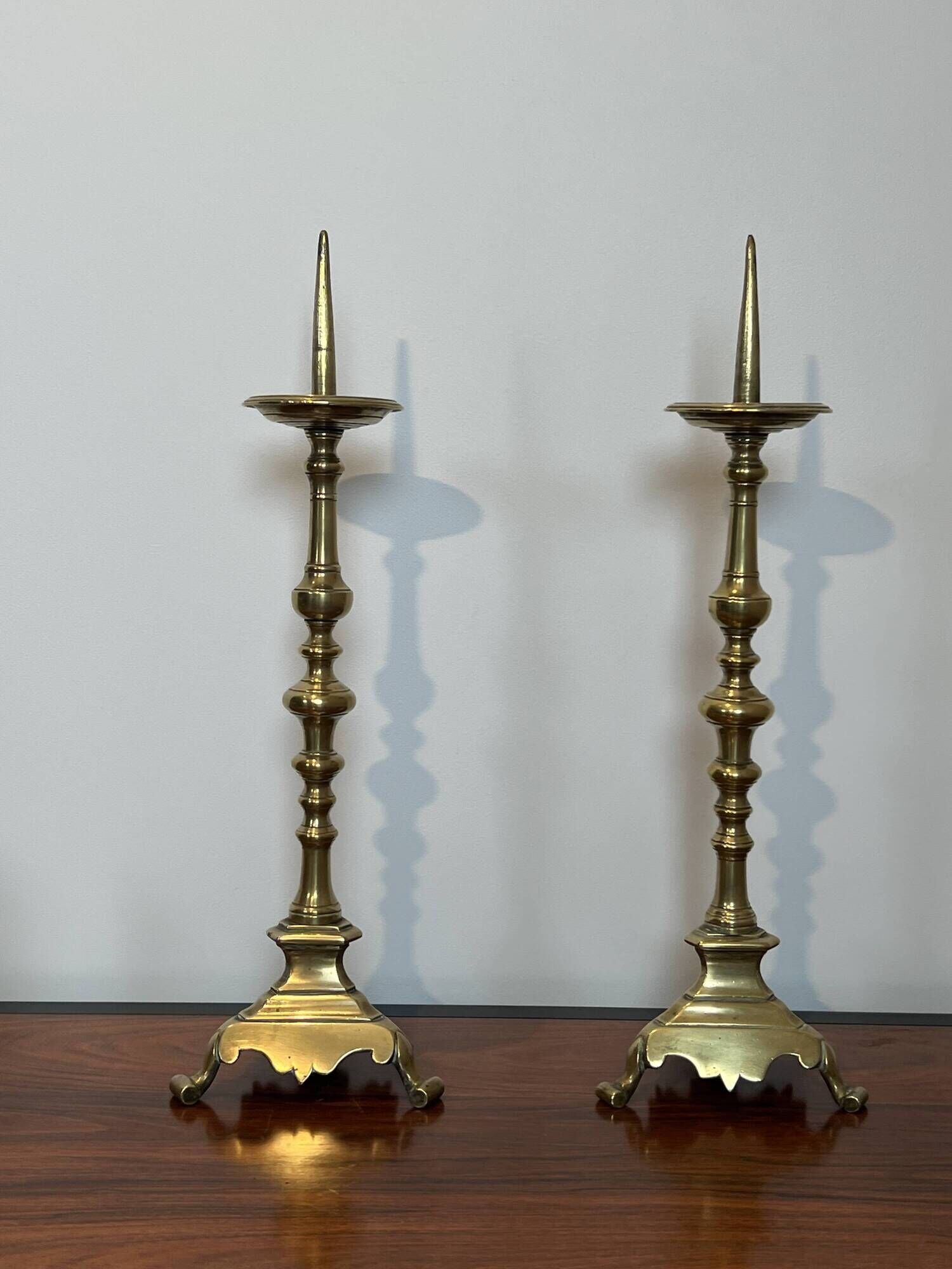 Pair of Large Brass Altar Candlesticks with Baluster Shaft and Tripod Base